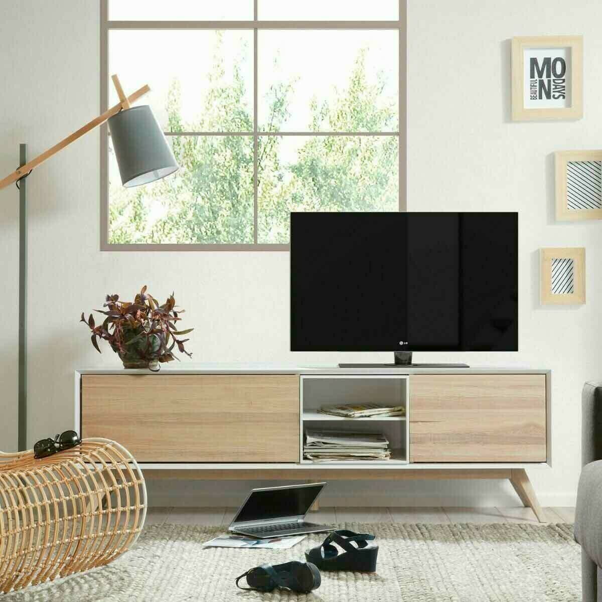 meuble TV 2 ports en bois blanc