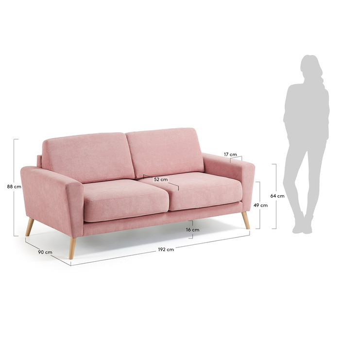 canape 3 places en tissu avec pieds massif coniques coloris rose igor detail