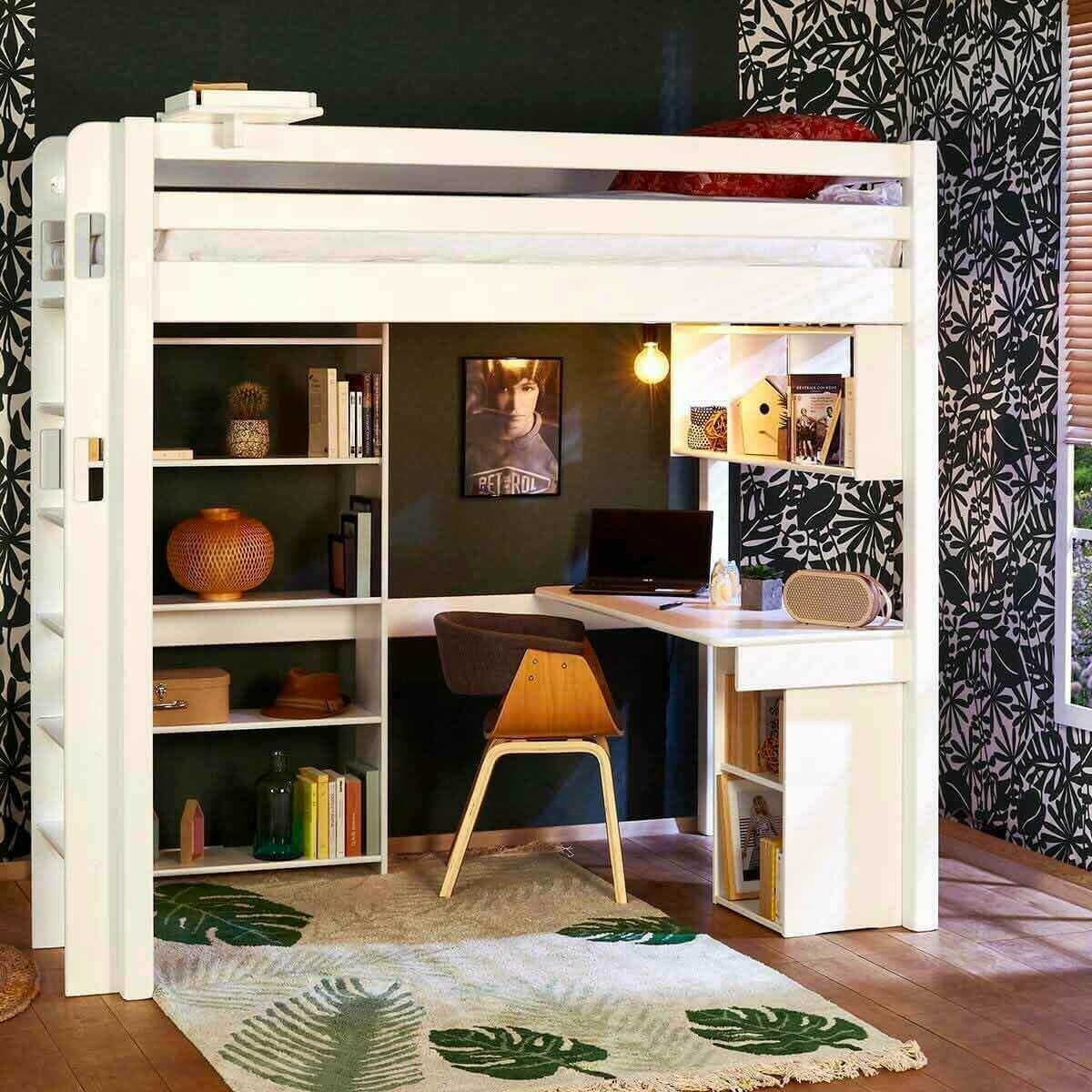 Lit mezzanine en bois massif avec petit bureau en et rangements en option