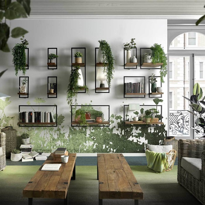 Mur végétal avec étagères horizontales et verticales Home