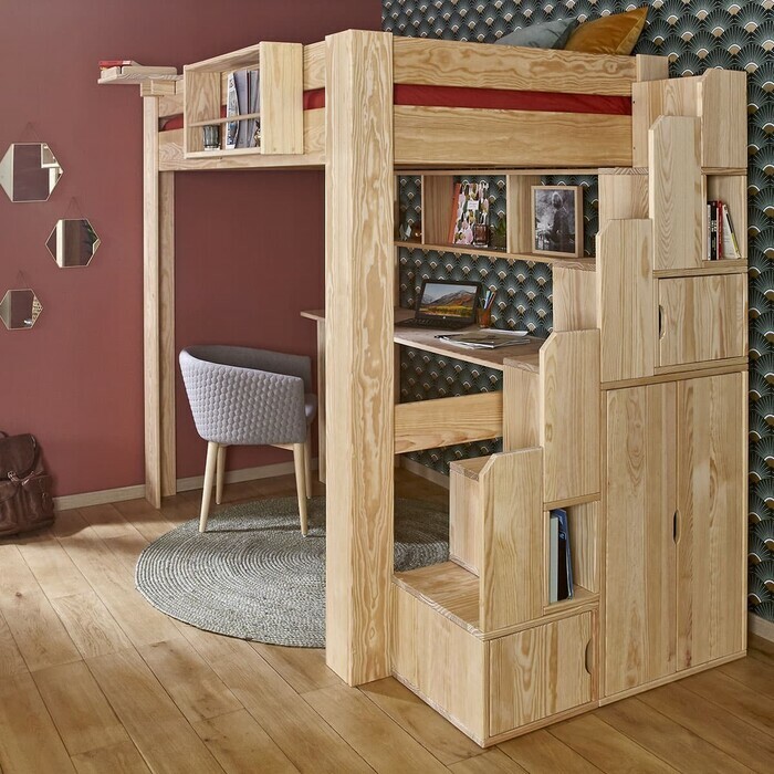 Lit mezzanine bois naturel avec module escalier
