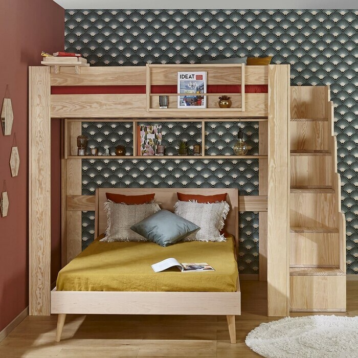 Lit mezzanine bois naturel avec lit Aria en option