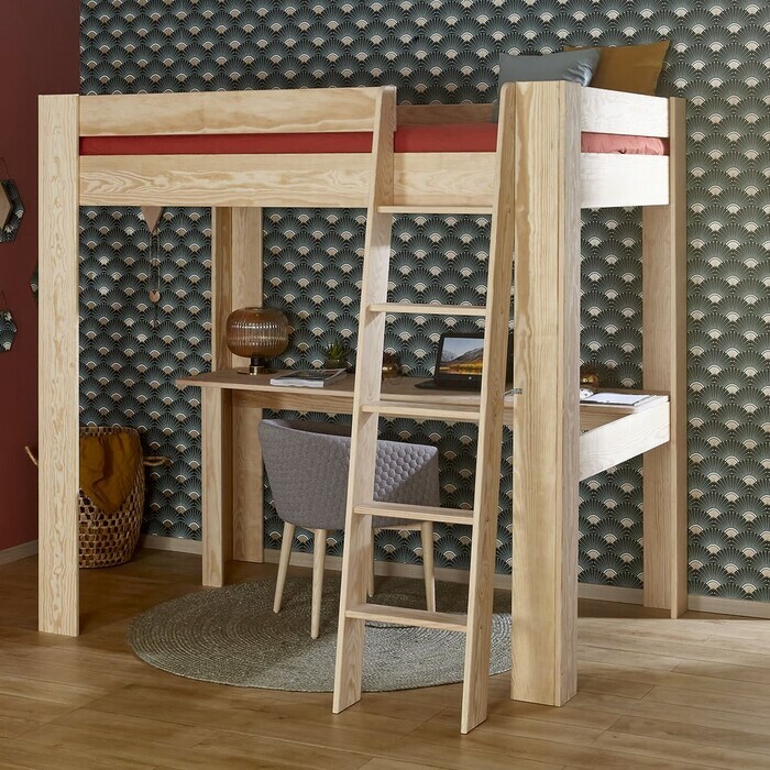 Lit mezzanine échelle Noah bois naturel avec bureau en option