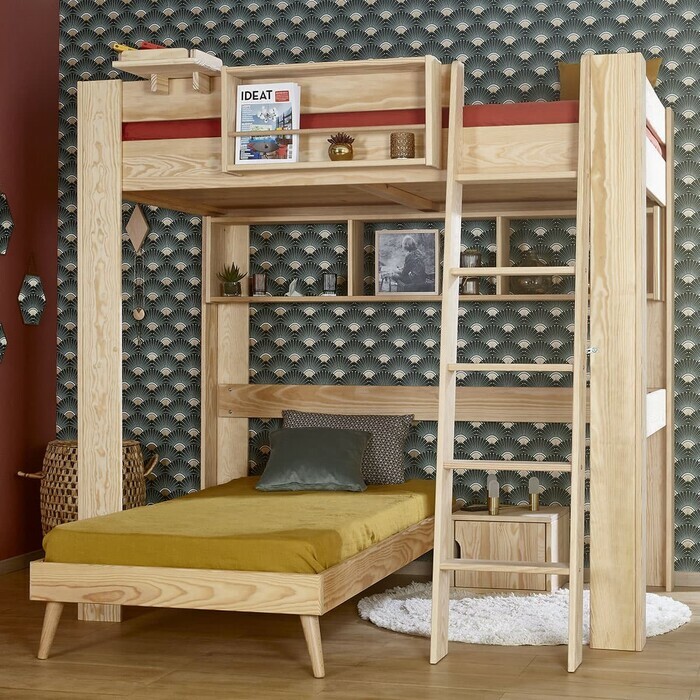 Lit mezzanine 2 places avec échelle Noah bois naturel avec lit en option