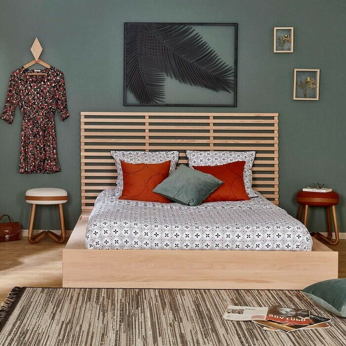 Tête de lit à lames Baia avec lit en bois massif