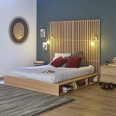 Tête de lit haute en hêtre avec lit 2 places en bois massif