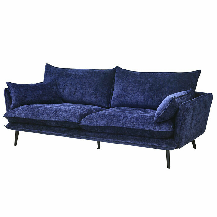 Canapé 2,5 places en velours bleu et pieds métal 
