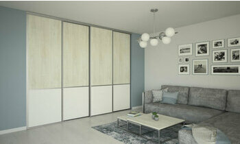 Porte de placard coulissante avec domino haut Dlos - 4 vantaux coloris bois blanchi et blanc mat 