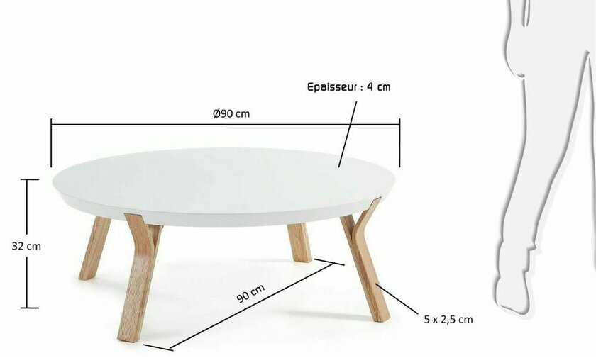 Dimensions table basse ronde en frne Massy coloris blanc